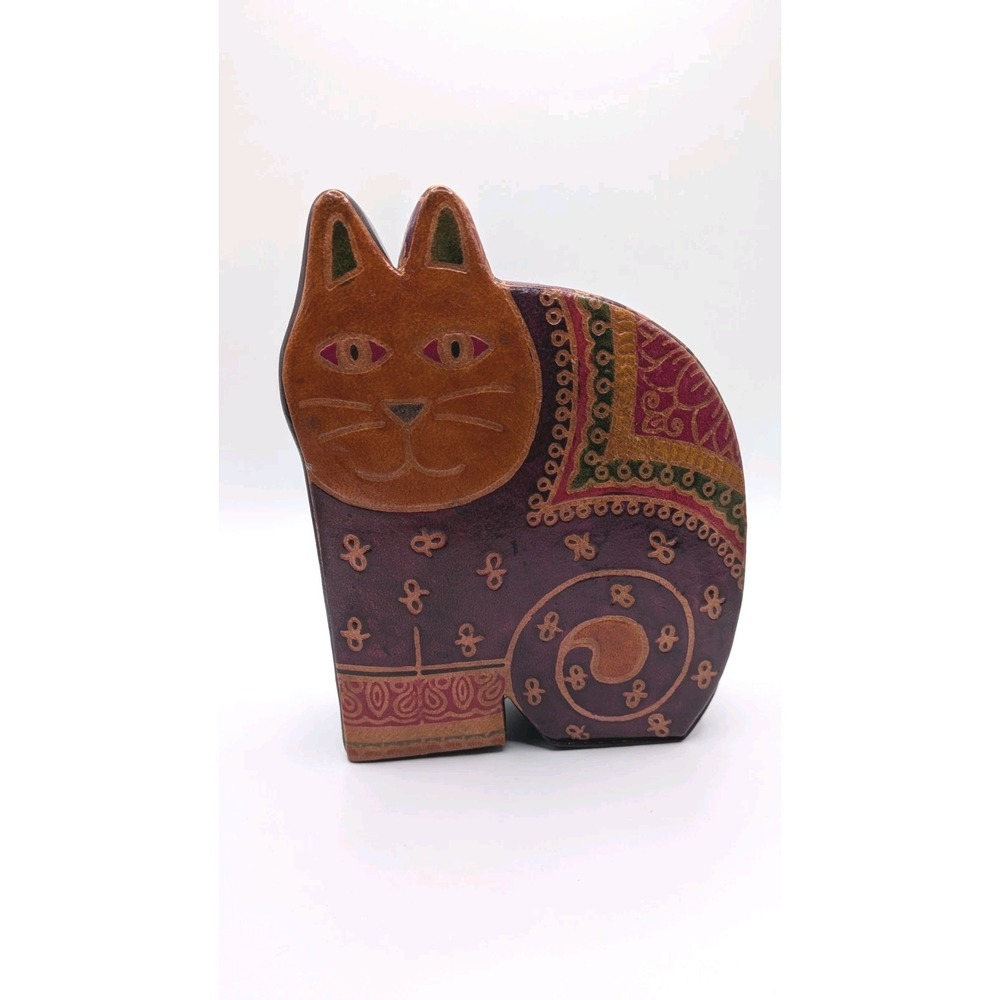 Laurel Burch Leather Red Hand Tooled Sitting Cat Charity Coin Bank w/ Snap 6 in